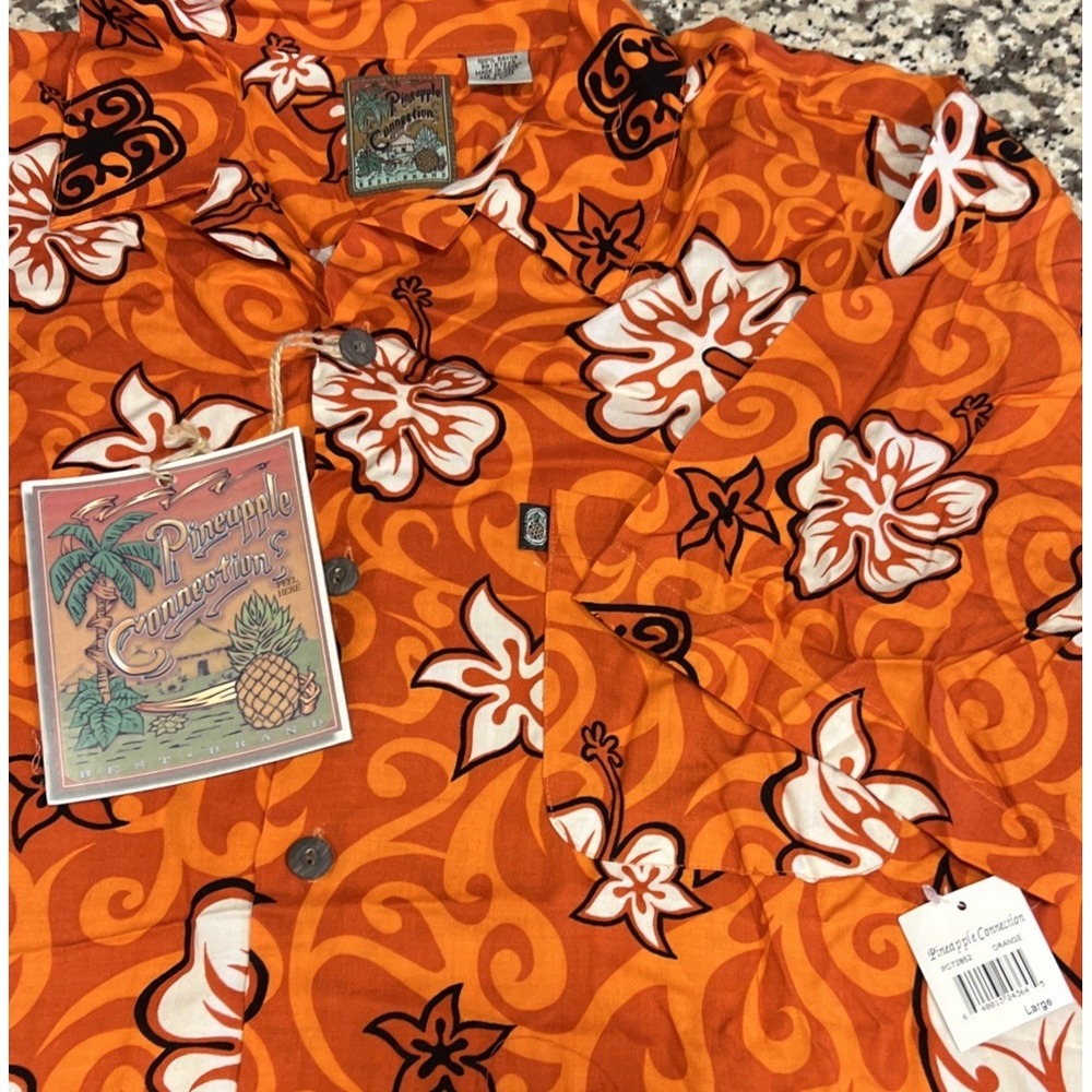 NWT Pineapple Connection Short Sleeve Button Hawaiian Shirt Rayon Orange Size L‎